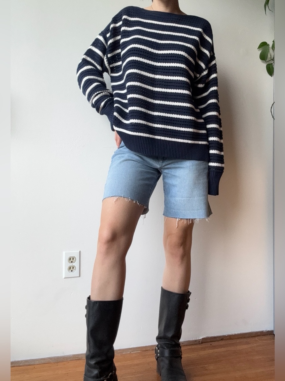 Lululemon Navy and White Striped Cotton Knit Sweater